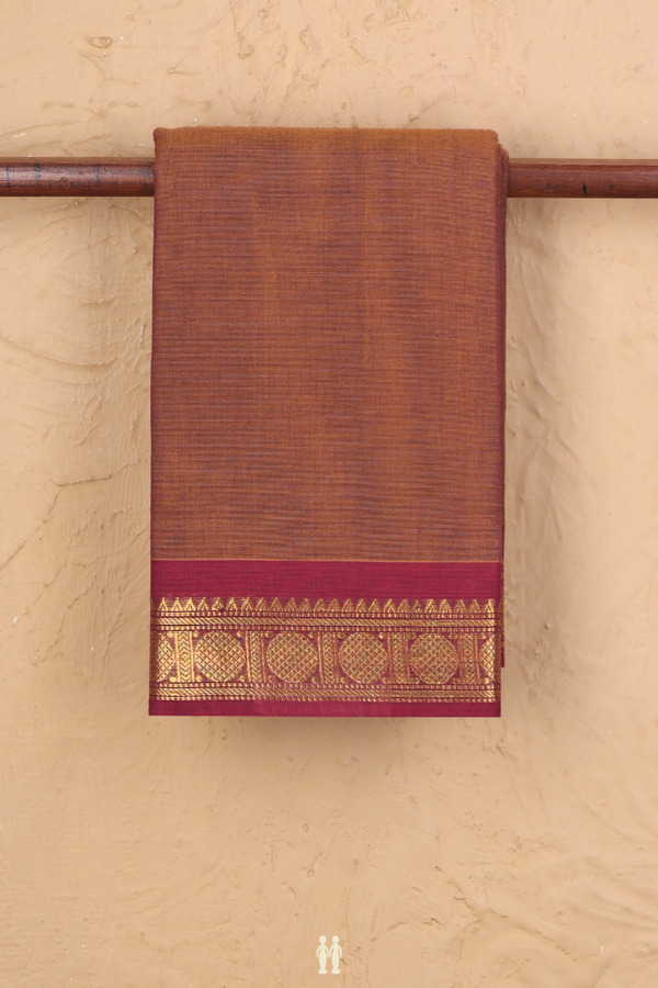 Kanchi Cotton Saree In Saddle Brown With Zari Border
