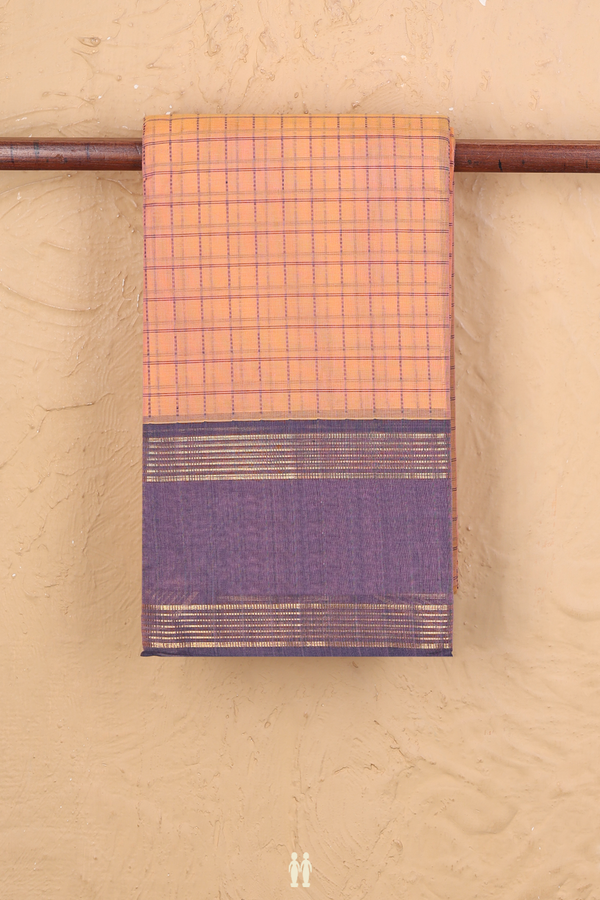 Kanchi Cotton Saree In Orange With Checks Design