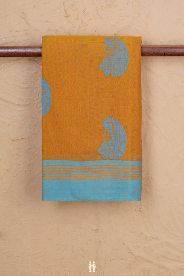 Kanchi Cotton Saree In Ochre Orange With Paisley Buttas