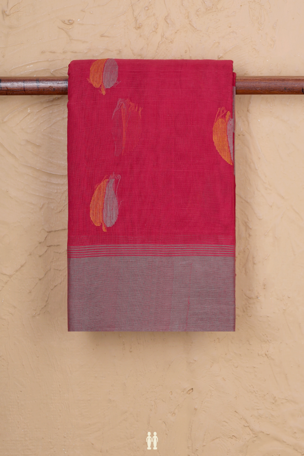 Kanchi Cotton Saree In Scarlet Red With Leaf Buttas