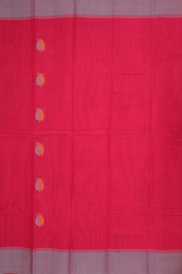 Kanchi Cotton Saree In Scarlet Red With Leaf Buttas