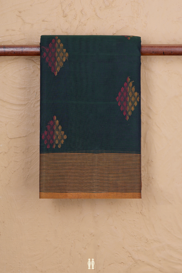 Kanchi Cotton Saree In Dark Green With Diamond Buttas