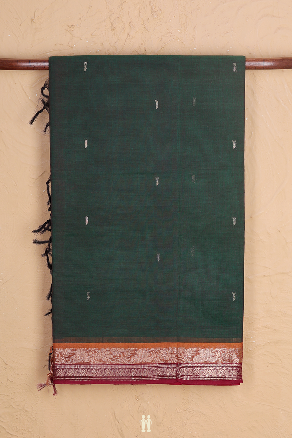 Coimbatore Cotton Saree In Forest Green With Zari Buttis