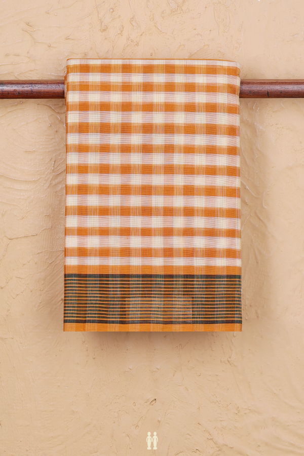 Kanchi Cotton Saree In Cream And Orange With Checks Design
