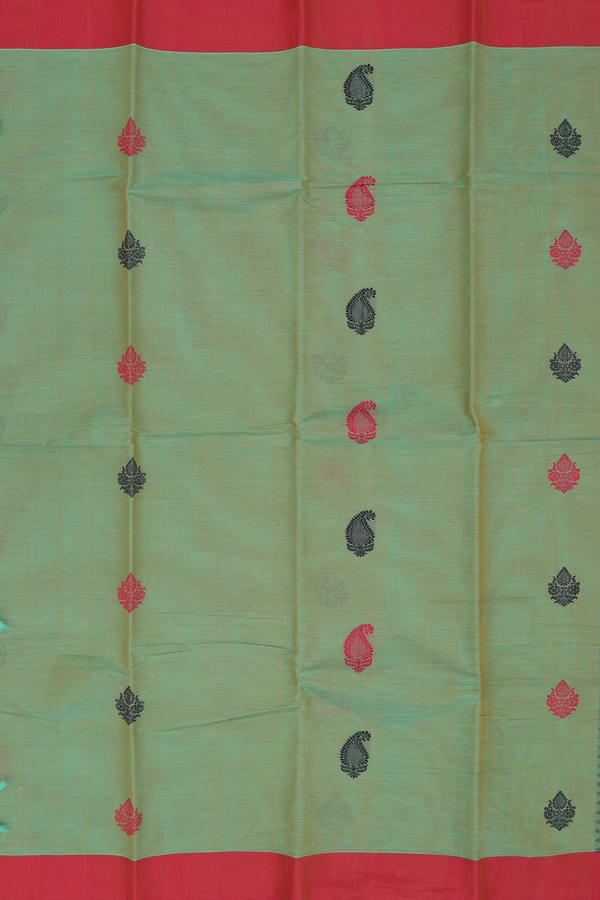 Kanchi Cotton Saree In Green With Paisley Buttas