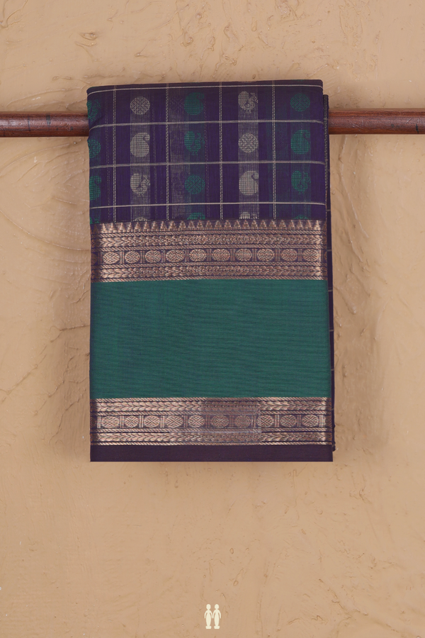 Kanchi Cotton Saree In Navy Blue With Checks Design