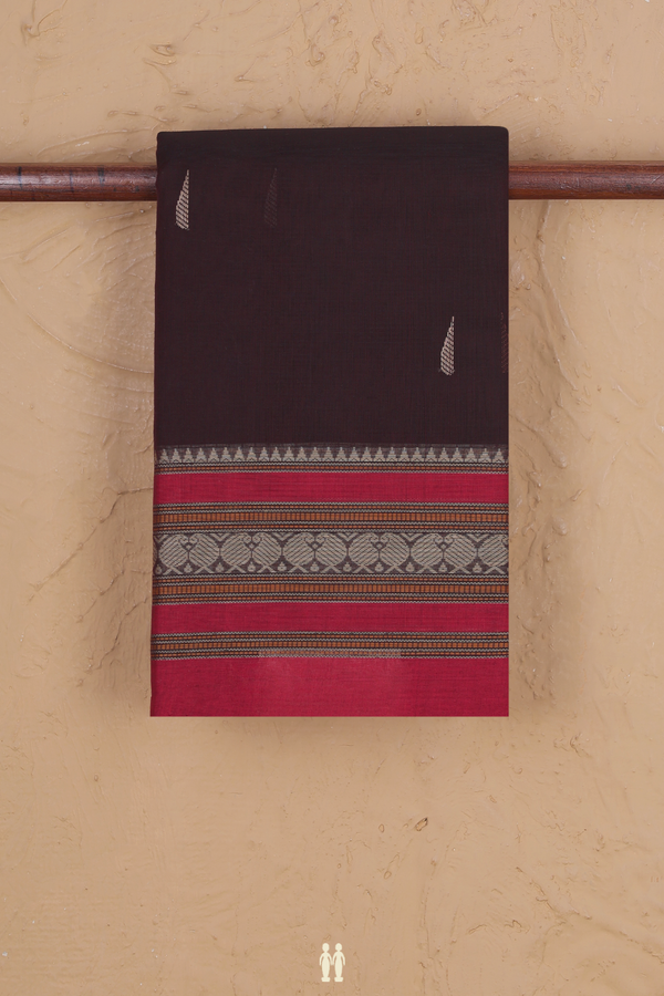 Kanchi Cotton Saree In Dark Oak Brown With Threadwork Buttas