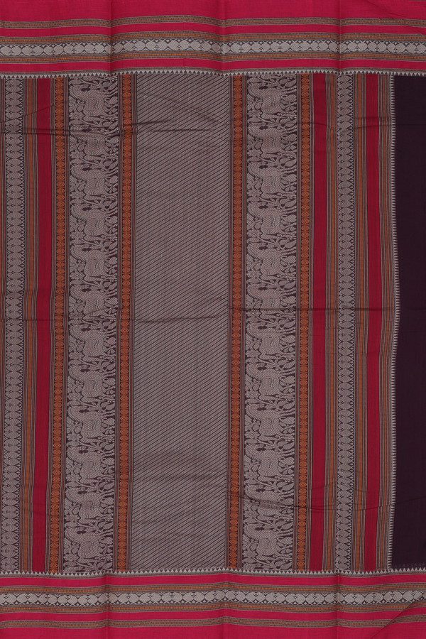 Kanchi Cotton Saree In Dark Oak Brown With Threadwork Buttas