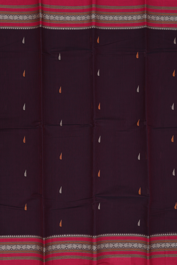 Kanchi Cotton Saree In Dark Oak Brown With Threadwork Buttas