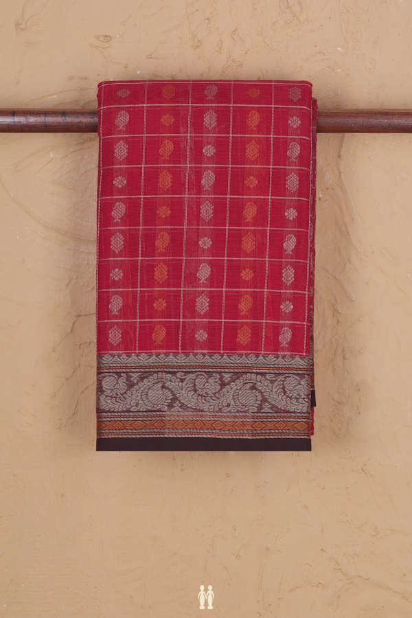 Kanchi Cotton Saree In Red With Checks Design