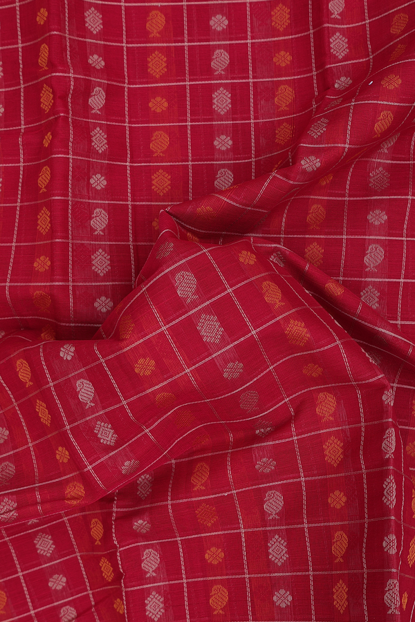 Kanchi Cotton Saree In Red With Checks Design