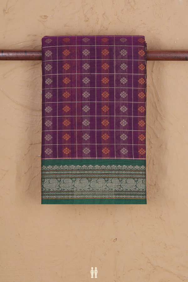 Kanchi Cotton Saree In Grape Purple With Checks Design