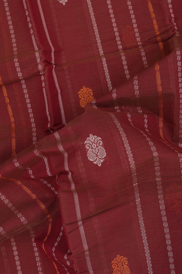 Kanchi Cotton Saree In Saddle Brown Along Stripes With Buttas