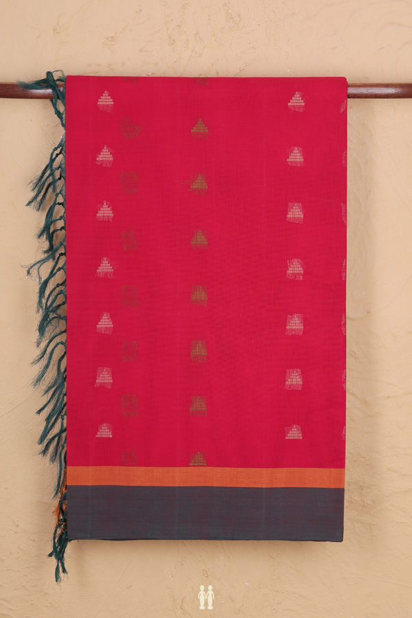 Coimbatore Cotton Saree In Chilli Red With Threadwork Buttas