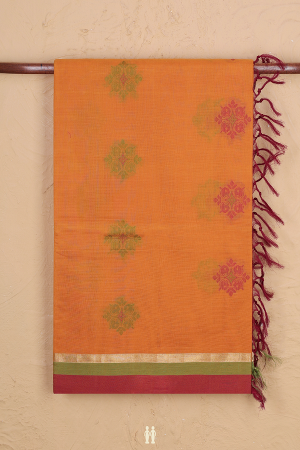 Coimbatore Cotton Saree In Honey Orange With Threadwork Motifs