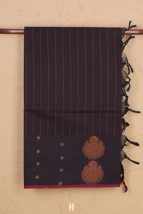 Coimbatore Cotton Saree Dark Oak Brown With Stripes Design