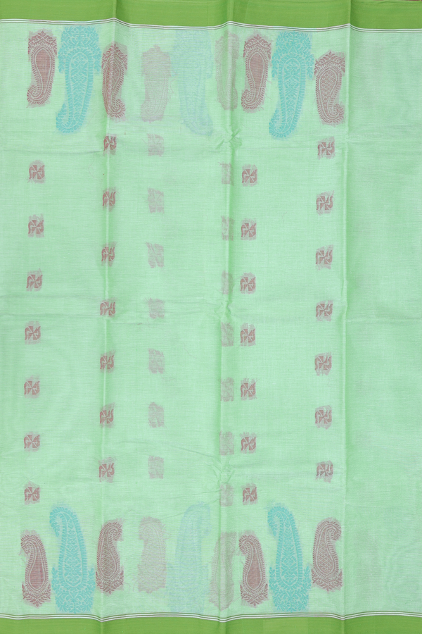 Kanchi Cotton Saree In Green With Threadwork Buttas