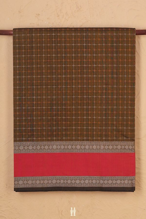 Coimbatore Cotton Saree In Greenish Brown With Checks Design