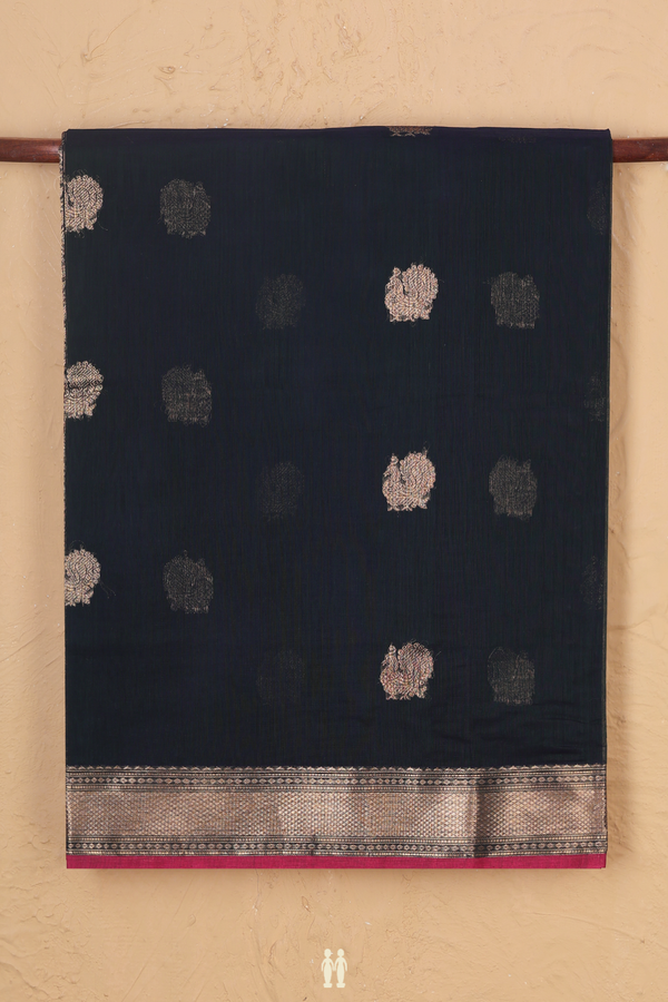 Coimbatore Cotton Saree In Dark Green With Peacock Buttas
