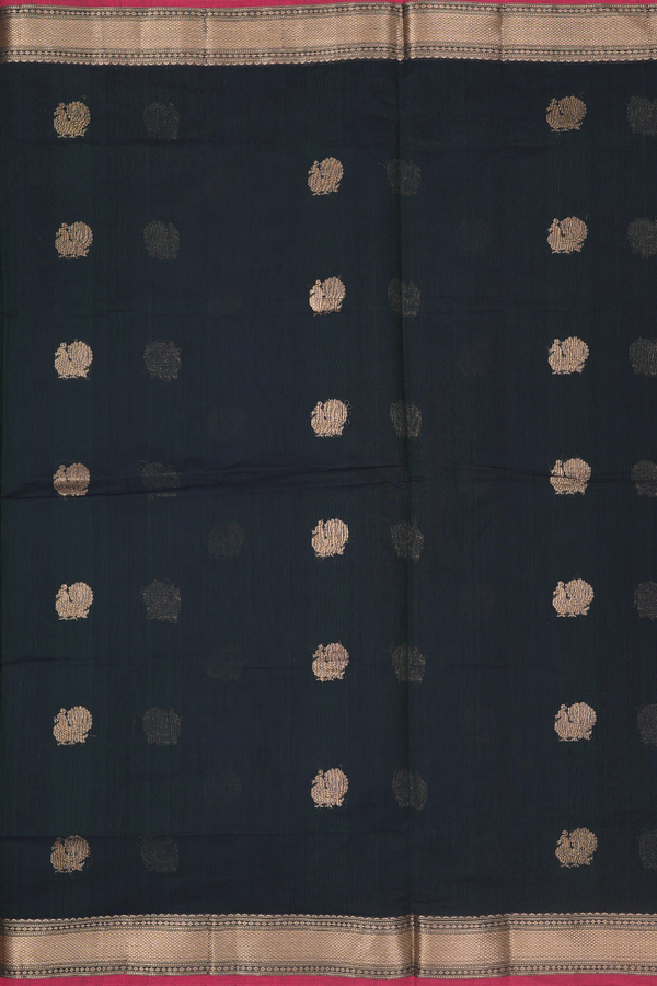 Coimbatore Cotton Saree In Dark Green With Peacock Buttas