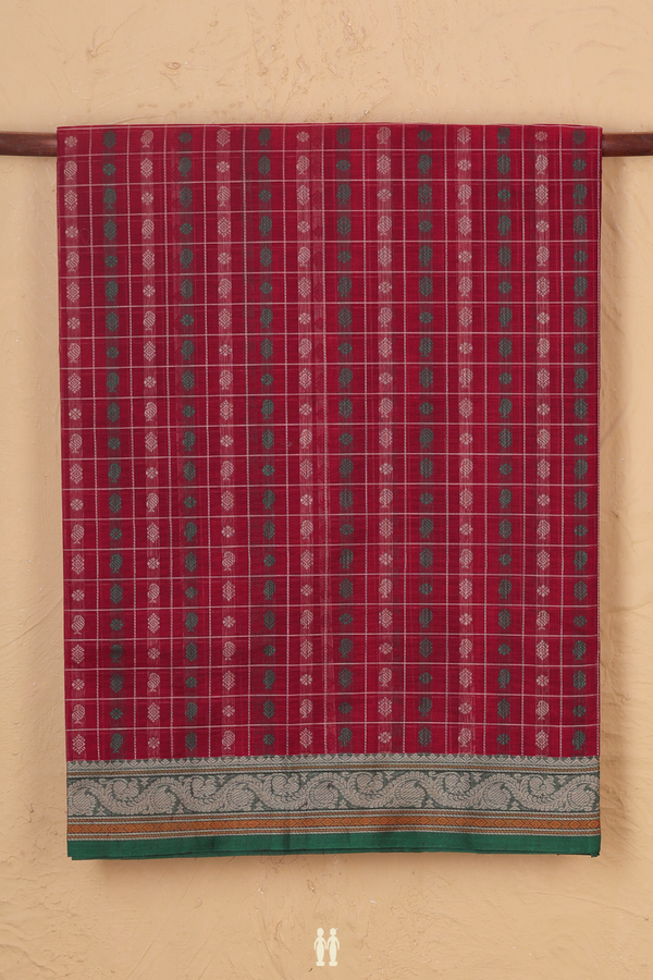 Coimbatore Cotton Saree In Berry Red With Checks Design