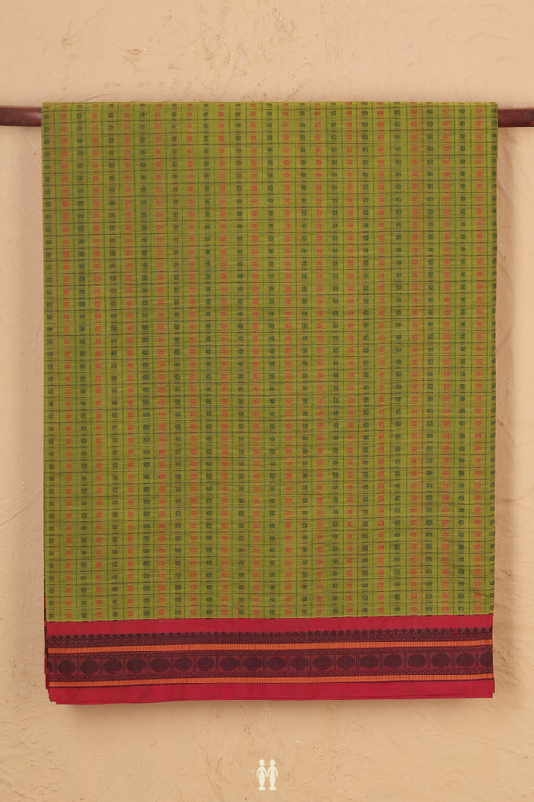 Coimbatore Cotton Saree In Olive Green With Checks Design