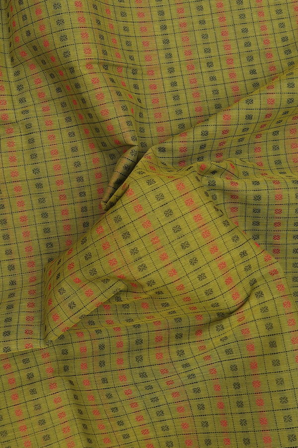 Coimbatore Cotton Saree In Olive Green With Checks Design