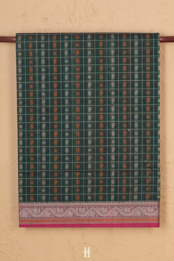 Coimbatore Cotton Saree In Forest Green With Checks Design