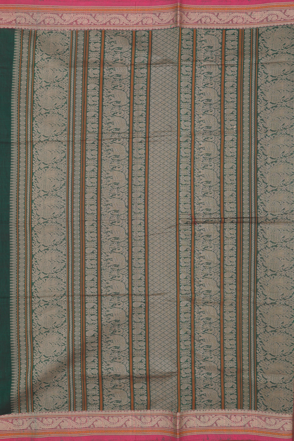 Coimbatore Cotton Saree In Forest Green With Checks Design