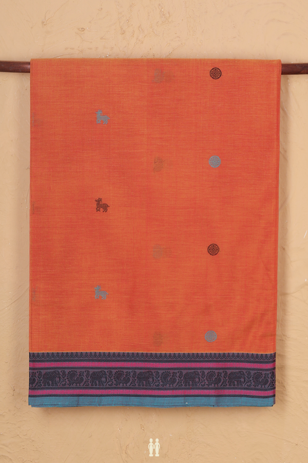 Coimbatore Cotton Saree In Orange With Elephant Buttas