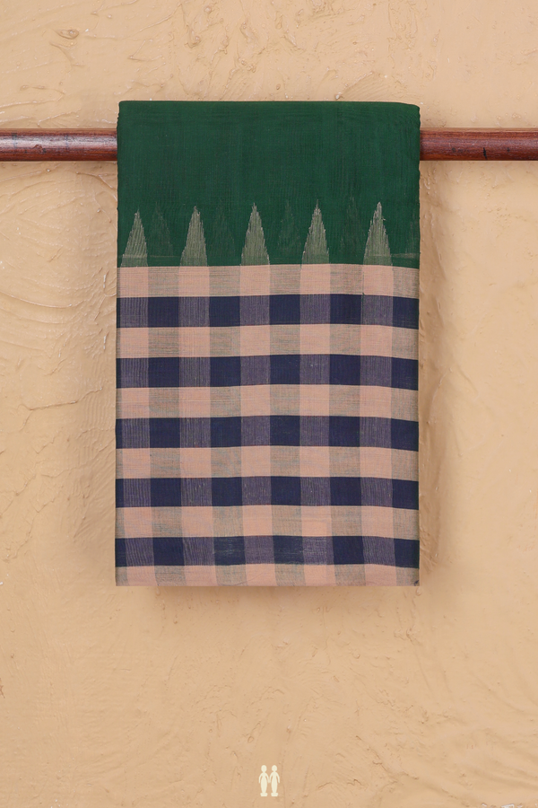 Chettinadu Cotton Saree In Forest Green With Checks Border
