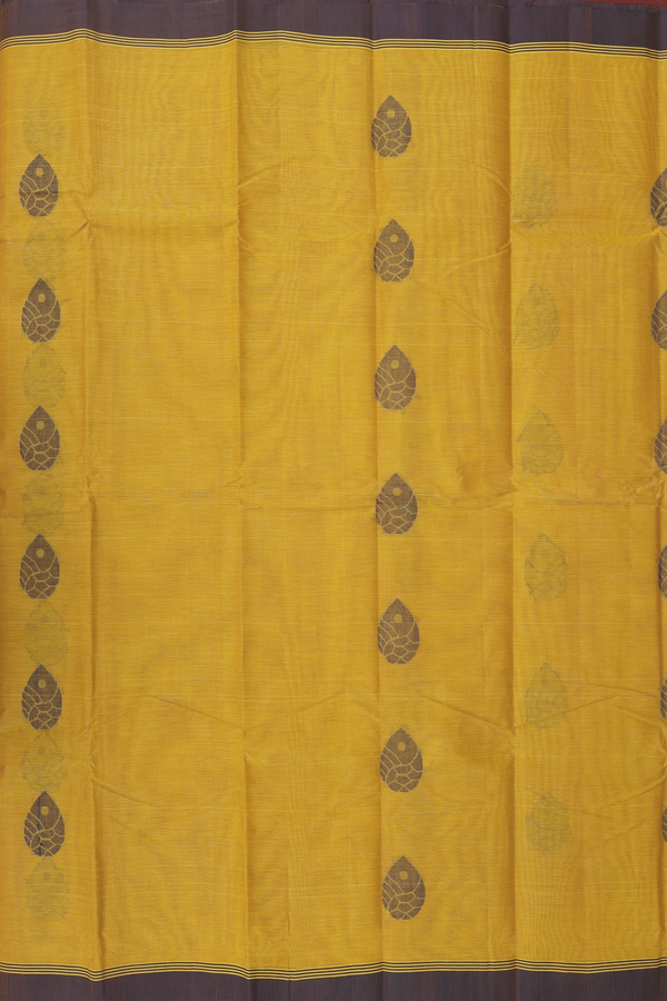 Kanchi Cotton Saree In Mustard Yellow With Threadwork Buttas