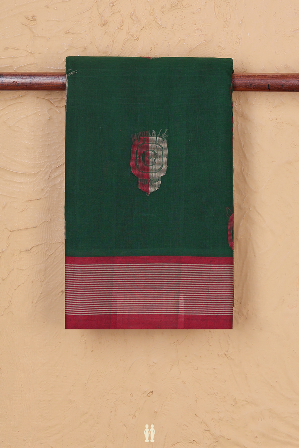 Kanchi Cotton Saree In Forest Green With Threadwork Buttas
