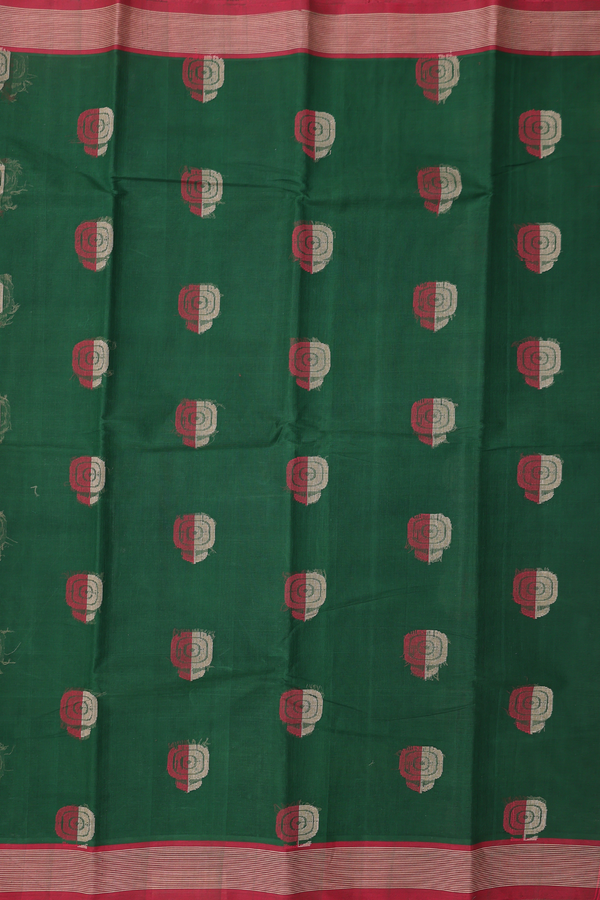 Kanchi Cotton Saree In Forest Green With Threadwork Buttas