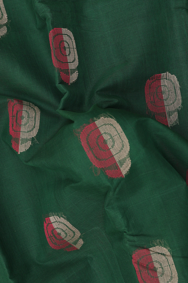 Kanchi Cotton Saree In Forest Green With Threadwork Buttas