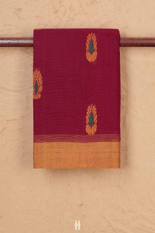Kanchi Cotton Saree In Berry Red With Threadwork Buttas
