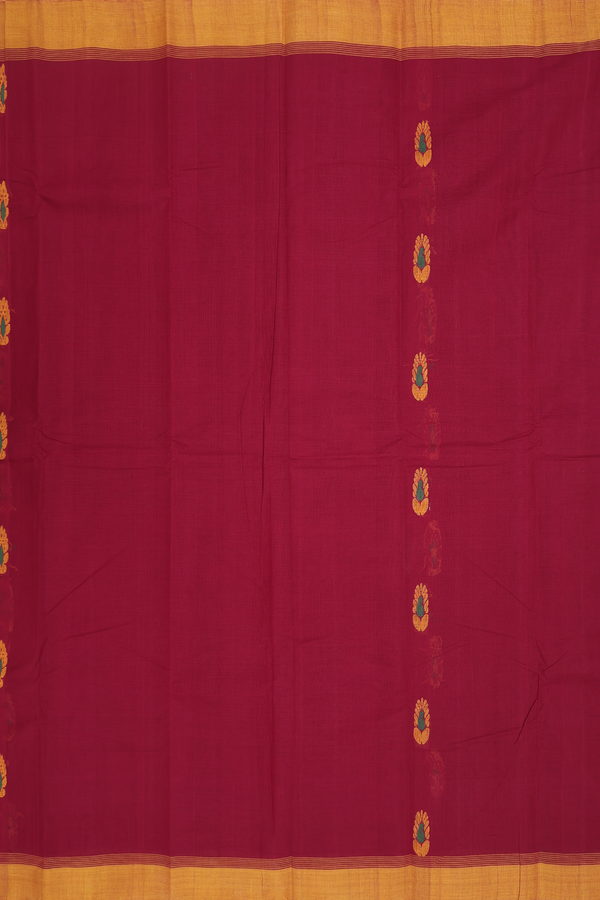 Kanchi Cotton Saree In Berry Red With Threadwork Buttas