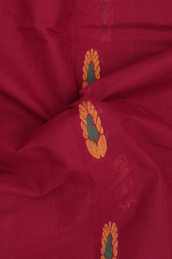 Kanchi Cotton Saree In Berry Red With Threadwork Buttas