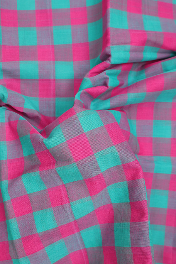 Chettinadu Cotton Saree In Pink And Green With Checks Design