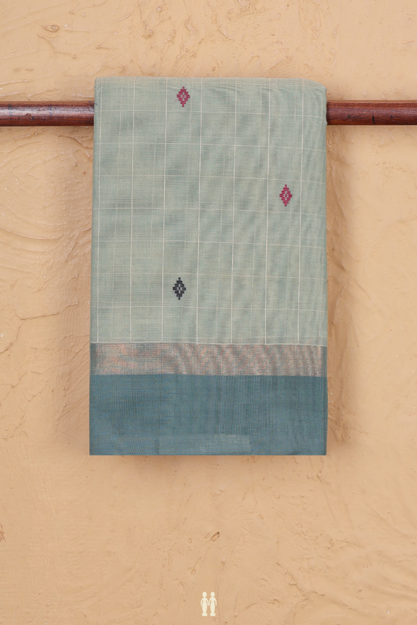 Kanchi Cotton Saree In Sage Green Along Checks With Buttas