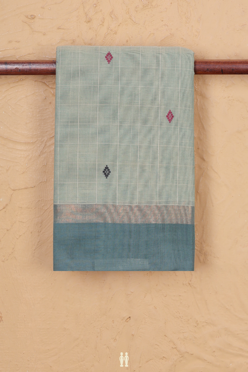Kanchi Cotton Saree In Sage Green Along Checks With Buttas
