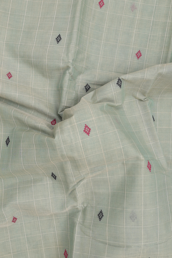 Kanchi Cotton Saree In Sage Green Along Checks With Buttas