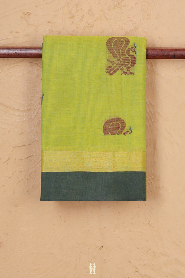 Kanchi Cotton Saree In Pear Green With Peacock Motifs