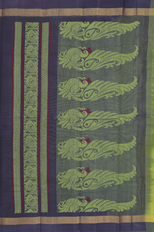 Kanchi Cotton Saree In Pear Green With Peacock Motifs
