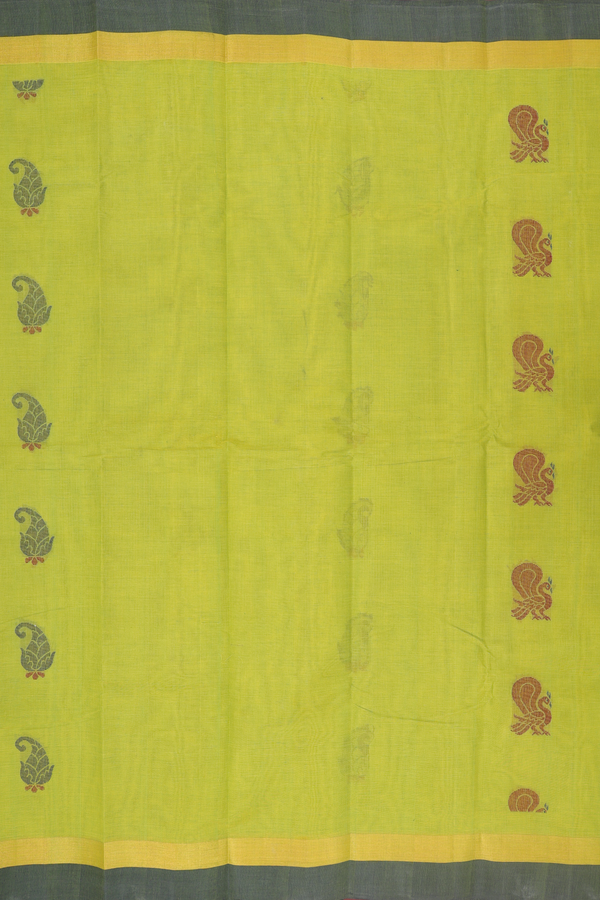 Kanchi Cotton Saree In Pear Green With Peacock Motifs