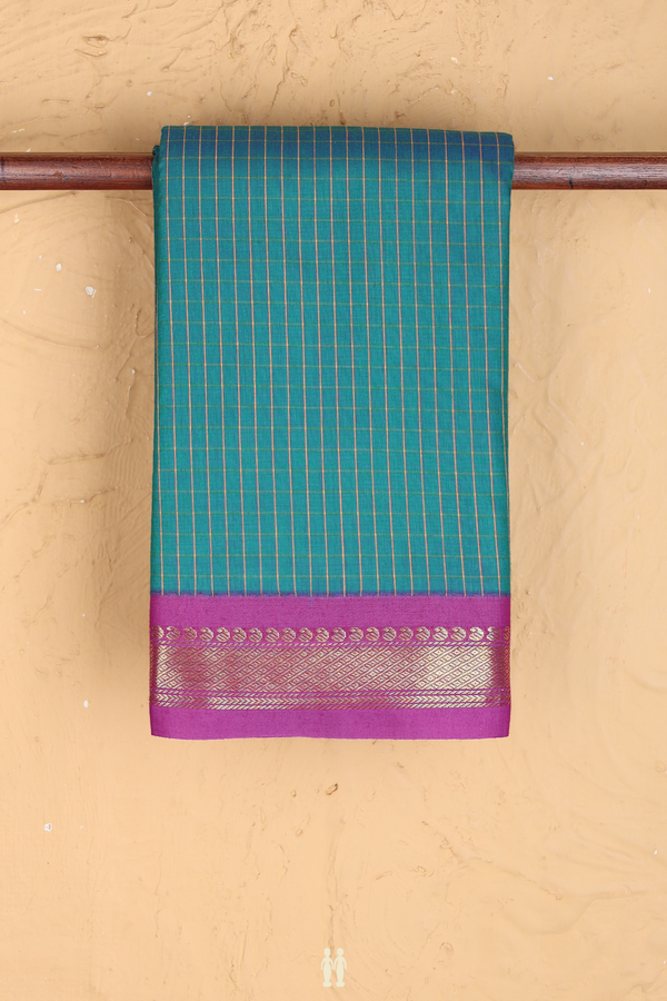 Apoorva Cotton Saree In Teal Blue With Checks Design