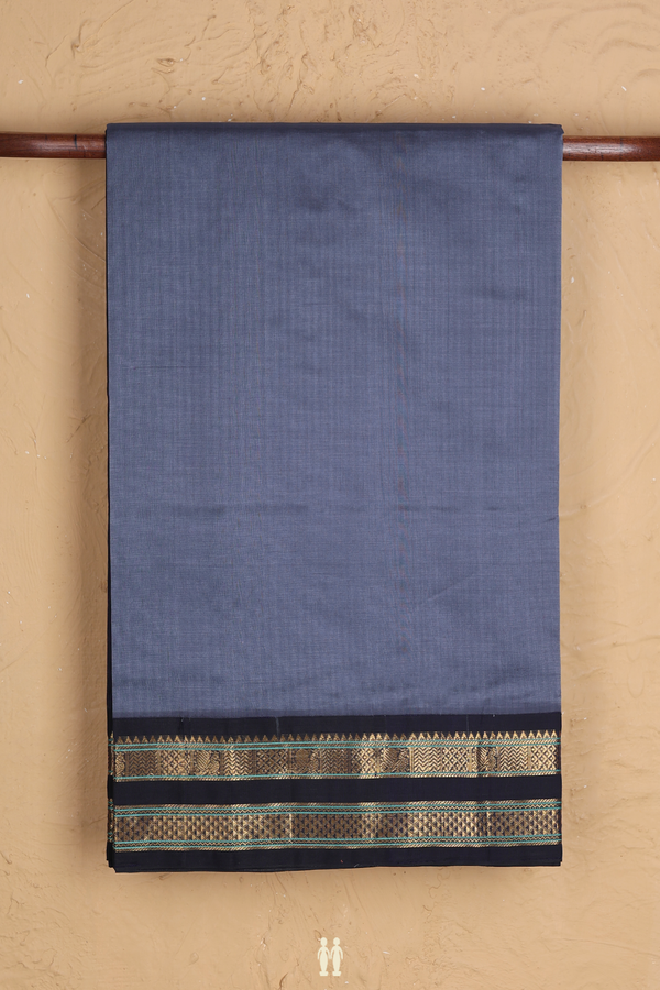 Silk Cotton Saree In Pigeon Blue With Contrast Border