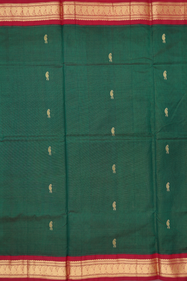 Traditional Silk Cotton Saree In Green With Paisley Buttas