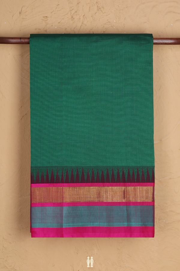 Silk Cotton Saree In Forest Green With Contrast Border