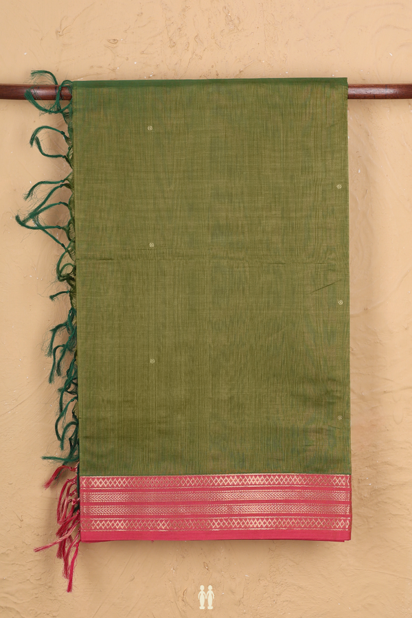 Traditional Silk Cotton Saree In Leaf Green With Zari Buttas